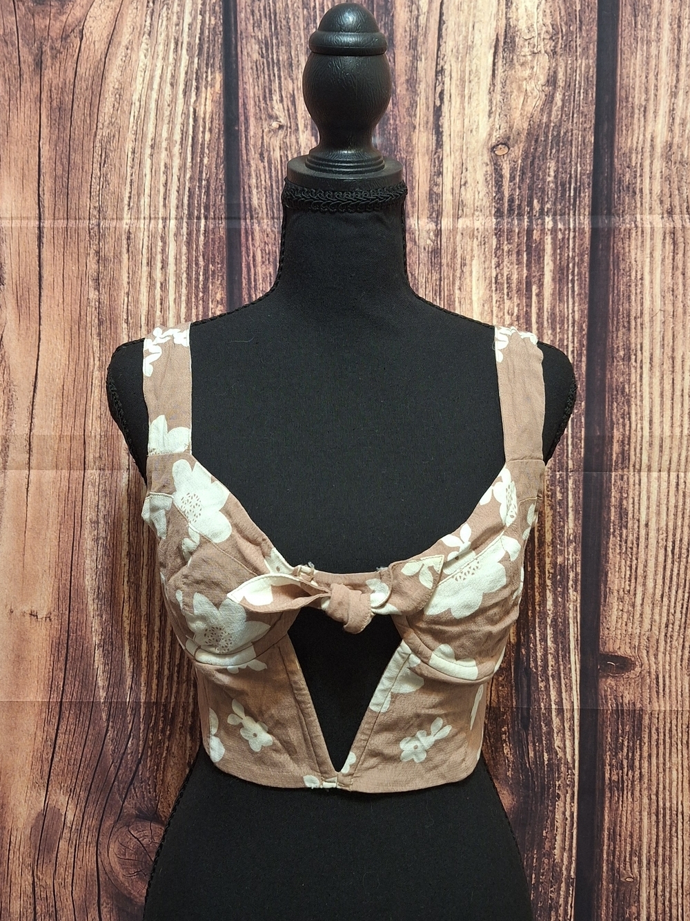 For Love & Lemons Brown Floral Tie-Front Crop Top Womens Size Large!